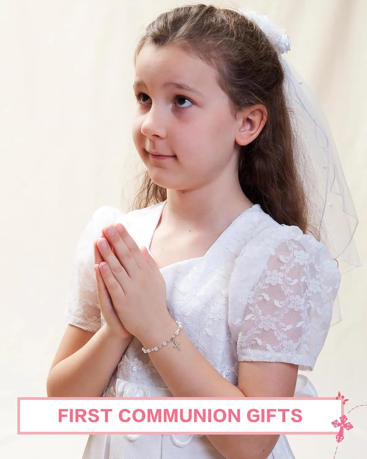 First Communion Gifts for Girls - Pearl Cross Bracelet for Girls First Holy Communion, Baptism, Confirmation Gifts for Teen Girls Granddaughter Daughter Niece
