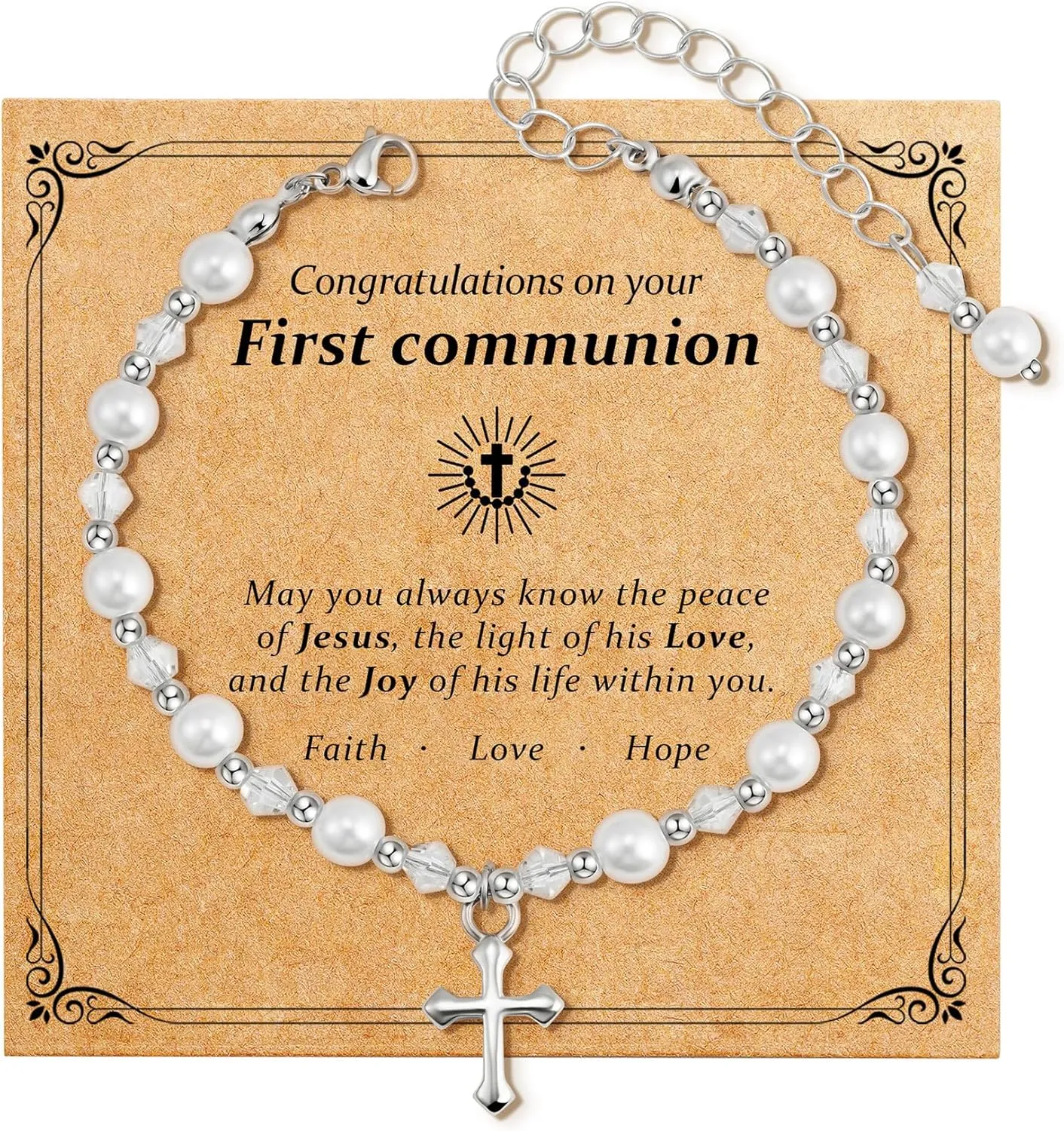 First Communion Gifts for Girls - Pearl Cross Bracelet for Girls First Holy Communion, Baptism, Confirmation Gifts for Teen Girls Granddaughter Daughter Niece
