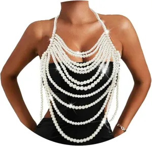 Florry Pearl Body Chain Shoulder Necklace Top Body Jewelry for Women Fashion Bra Chains for Wedding Party