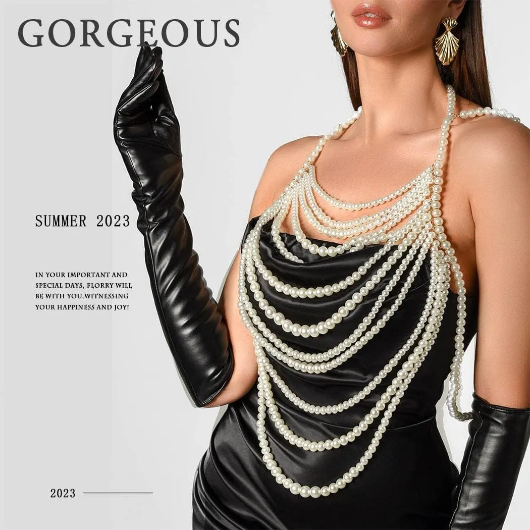 Florry Pearl Body Chain Shoulder Necklace Top Body Jewelry for Women Fashion Bra Chains for Wedding Party