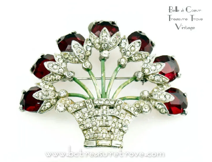 Flower Basket Brooch Red and Crystal Rhinestones Vintage