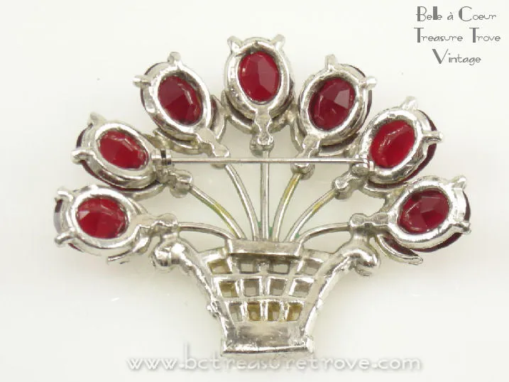 Flower Basket Brooch Red and Crystal Rhinestones Vintage