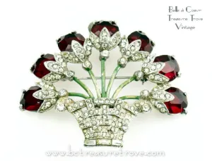 Flower Basket Brooch Red and Crystal Rhinestones Vintage