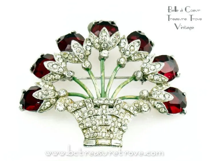 Flower Basket Brooch Red and Crystal Rhinestones Vintage