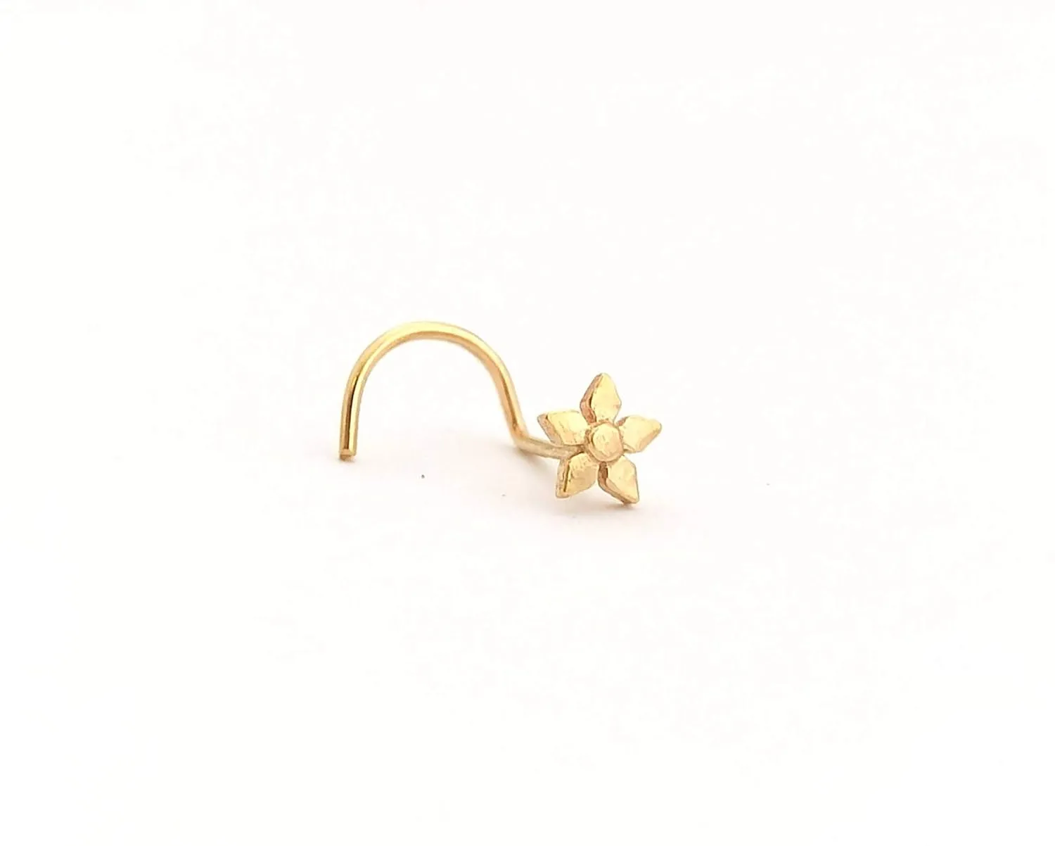 Flower Gold Nose Stud, Real 14k Solid Yellow Gold Dainty Tiny Flower Piercing, Cute Star Nose Jewelry, Indian Minimalist Handmade Tribal Boho Piercing, Nature Inspired, Screw Shaped Bend, 22gauge
