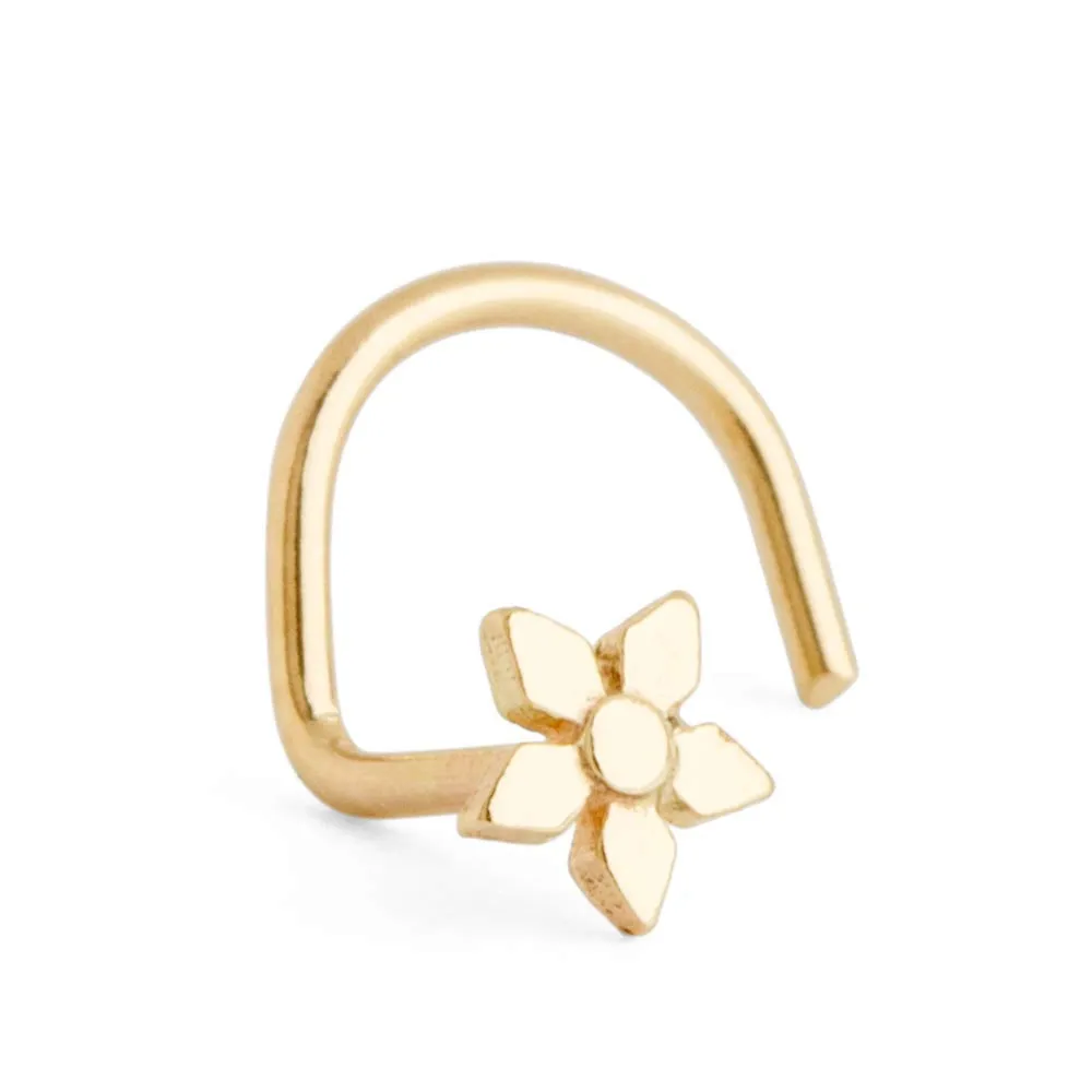 Flower Gold Nose Stud, Real 14k Solid Yellow Gold Dainty Tiny Flower Piercing, Cute Star Nose Jewelry, Indian Minimalist Handmade Tribal Boho Piercing, Nature Inspired, Screw Shaped Bend, 22gauge