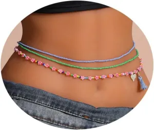 Flower Waist Bead Chains for Women Girls,Layered Colorful Elastic Seed Beads Belly Body Chain Beach Summer Set Handmade with Heart Tassels African Jewelry