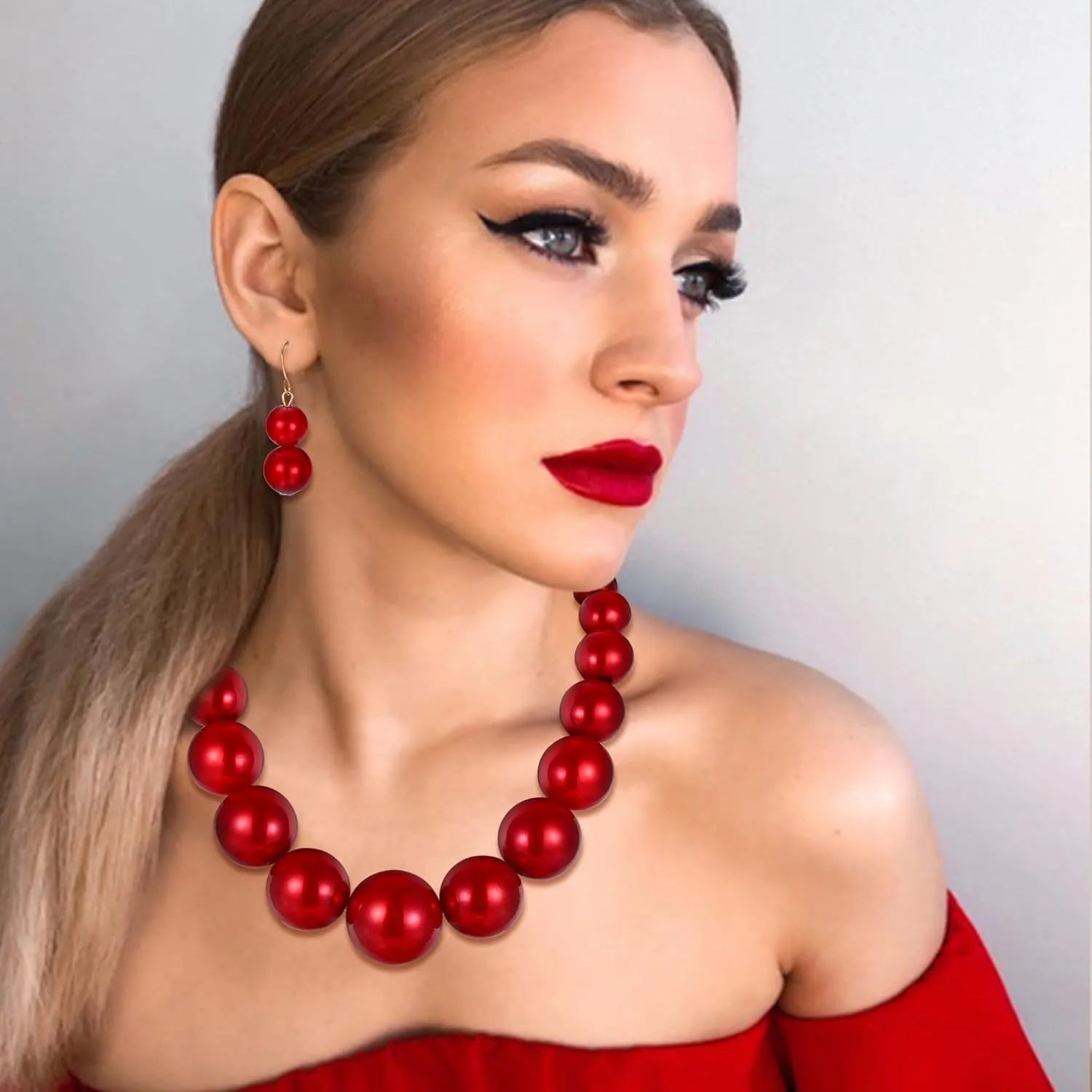 Flyonce Large Big Simulated Pearl Chunky Strand Choker Necklaces, Halloween Costume Statement Bib Necklace Jewelry for Cosplay Parties