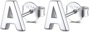 FOCALOOK Sterling Silver Initial A-Z Earrings, Hypoallergenic Dainty Small Black/Silver/Cubic Zirconia Initial Letter Piercing Stud Earrings for Women Sensitive Ear