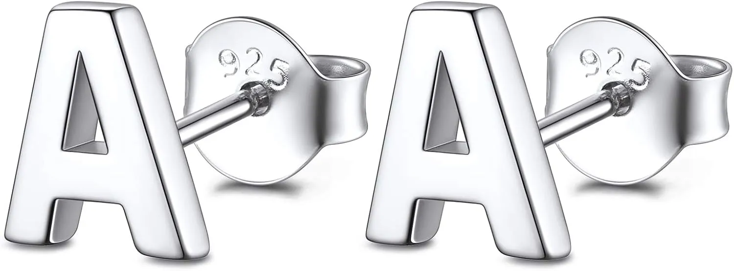 FOCALOOK Sterling Silver Initial A-Z Earrings, Hypoallergenic Dainty Small Black/Silver/Cubic Zirconia Initial Letter Piercing Stud Earrings for Women Sensitive Ear