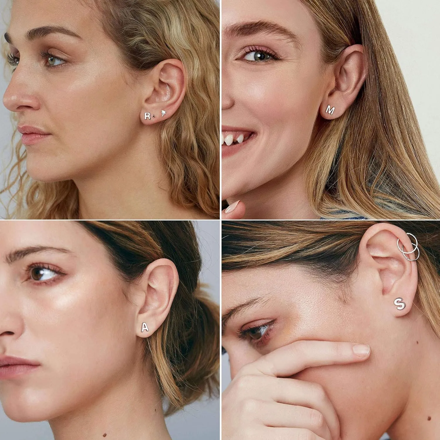 FOCALOOK Sterling Silver Initial A-Z Earrings, Hypoallergenic Dainty Small Black/Silver/Cubic Zirconia Initial Letter Piercing Stud Earrings for Women Sensitive Ear