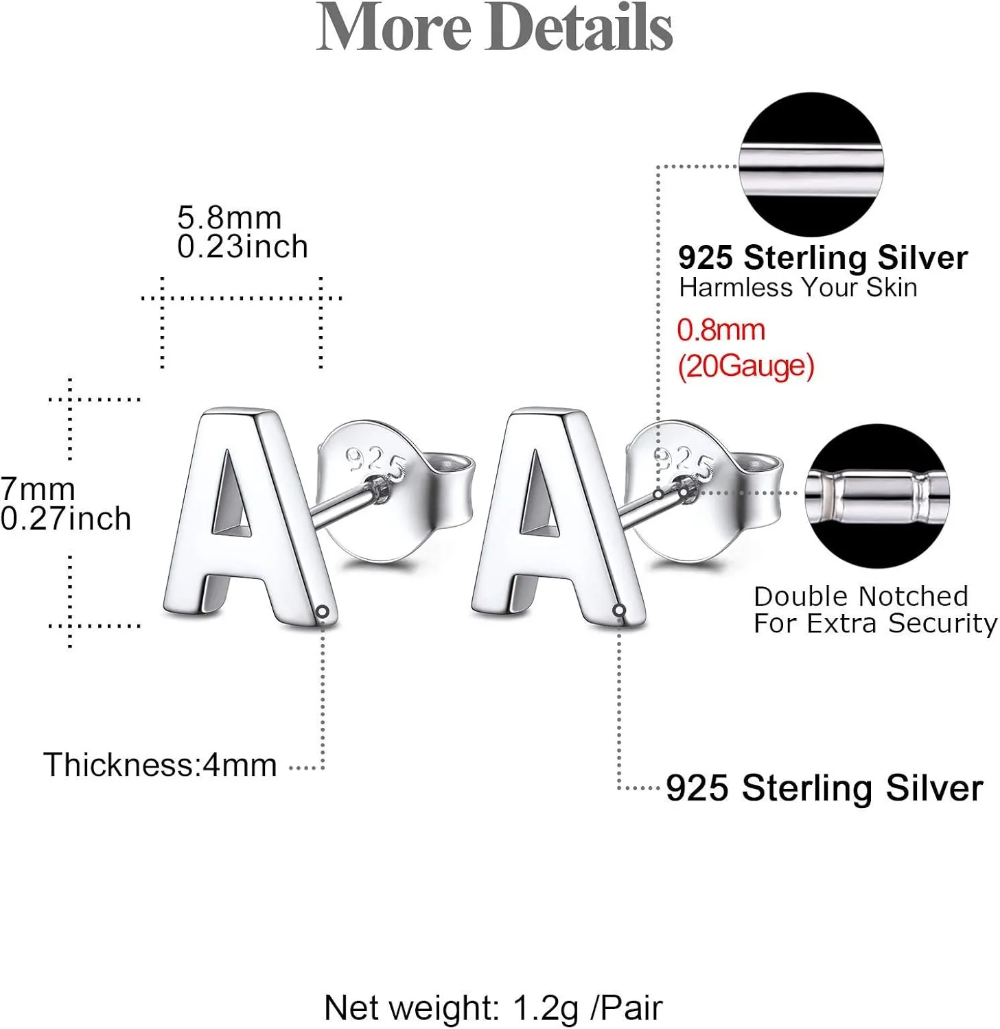 FOCALOOK Sterling Silver Initial A-Z Earrings, Hypoallergenic Dainty Small Black/Silver/Cubic Zirconia Initial Letter Piercing Stud Earrings for Women Sensitive Ear