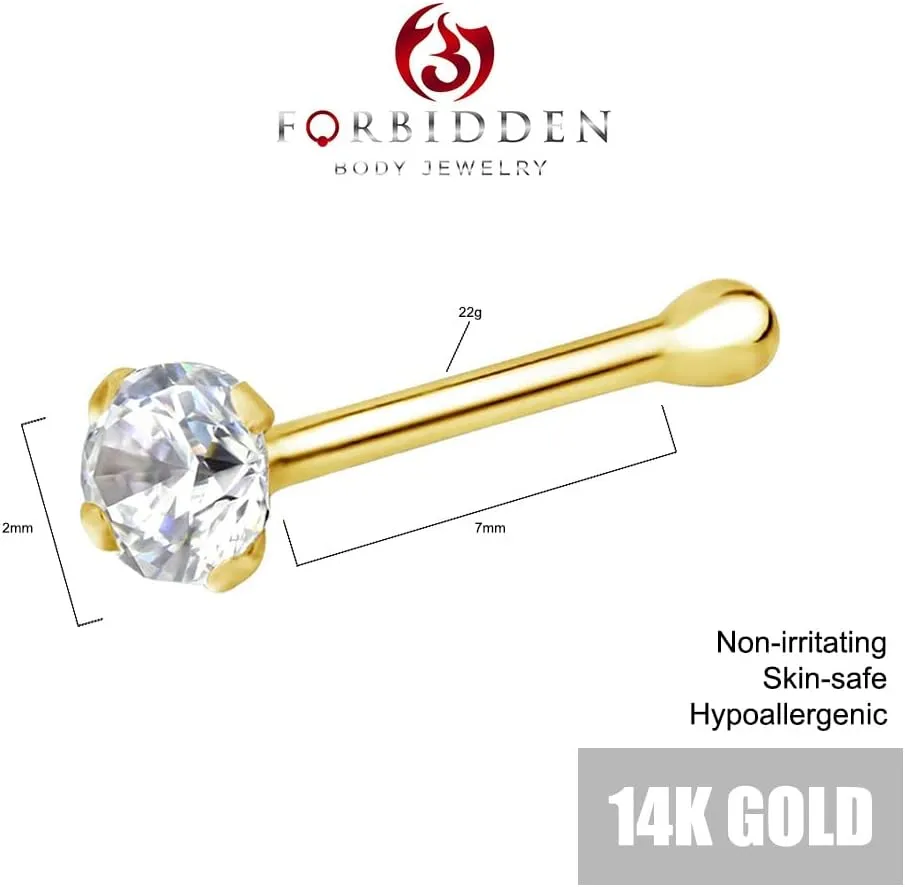 Forbidden Body Jewelry FBJ 14k Nose Ring, 22g, Solid 7mm Micro Stud, 2mm CZ Simulated Diamond, Non-Irritating Skin Safe Real Gold, Women/Men (Sold Individually)