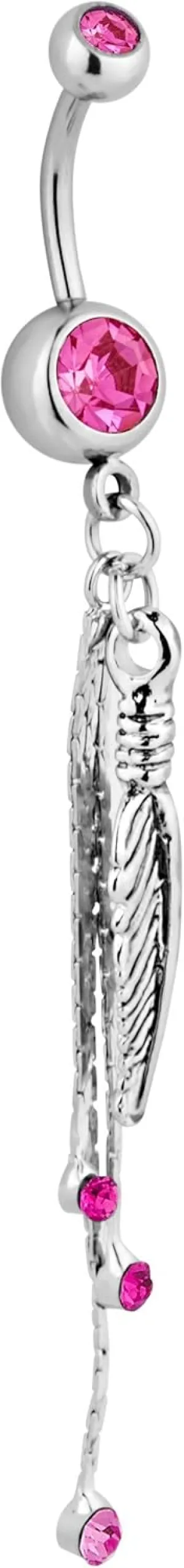 Forbidden Body Jewelry Surgical Steel Pink Jeweled Feather and CZ Chains Dangle Belly Button Ring
