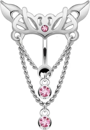 Forbidden Body Jewelry Surgical Steel Reverse Mount Sexy Tribal Pink CZ Jeweled Chains Dangle Belly Button Ring