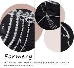 Formery Crystal Body Chest Chain Silver Rhinestone Tassel Bra Body Jewelry for Women Beach Nightclub Party Bikini Accessories
