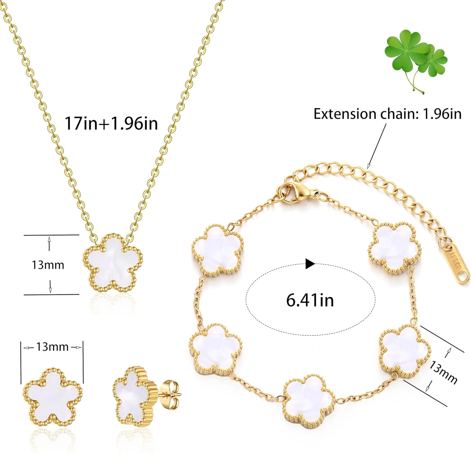 Four Leaf Clover Bracelet Set for Women - 18K Gold Plated Flower Lucky 4 Leaf Necklace Bracelet Earrings Jewelry Sets Gift for Women