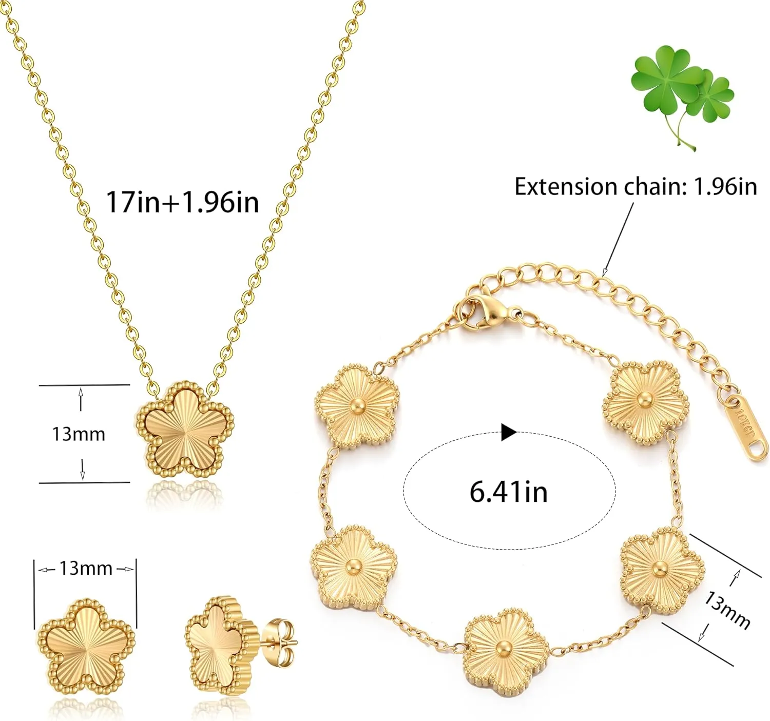 Four Leaf Clover Bracelet Set for Women - 18K Gold Plated Flower Lucky 4 Leaf Necklace Bracelet Earrings Jewelry Sets Gift for Women