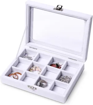 Frebeauty Jewelry Organizer Tray with Clear Lid 12 Grid Velvet Drawer Insert Jewelry Box with Transparent lid Jewelry Display Case Store Showcase Jewelry Box Gift for Women(White,12 Grid)