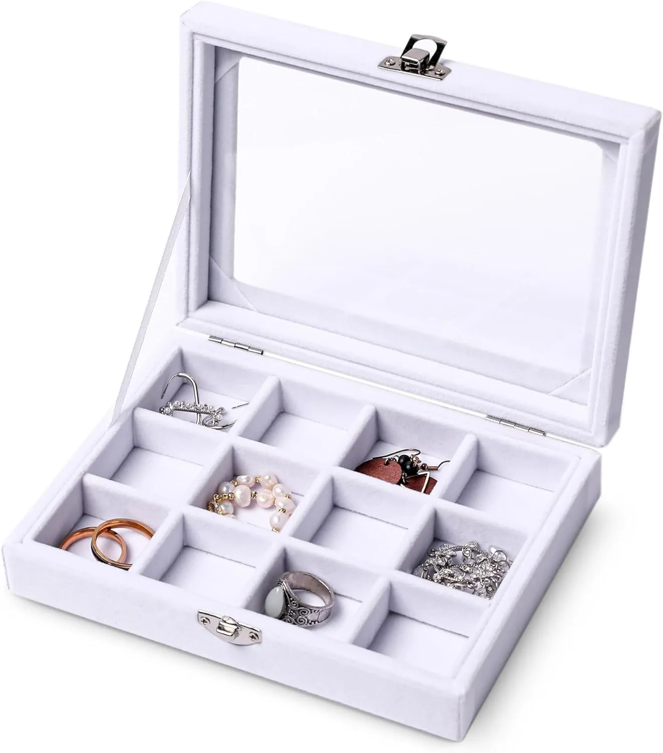 Frebeauty Jewelry Organizer Tray with Clear Lid 12 Grid Velvet Drawer Insert Jewelry Box with Transparent lid Jewelry Display Case Store Showcase Jewelry Box Gift for Women(White,12 Grid)