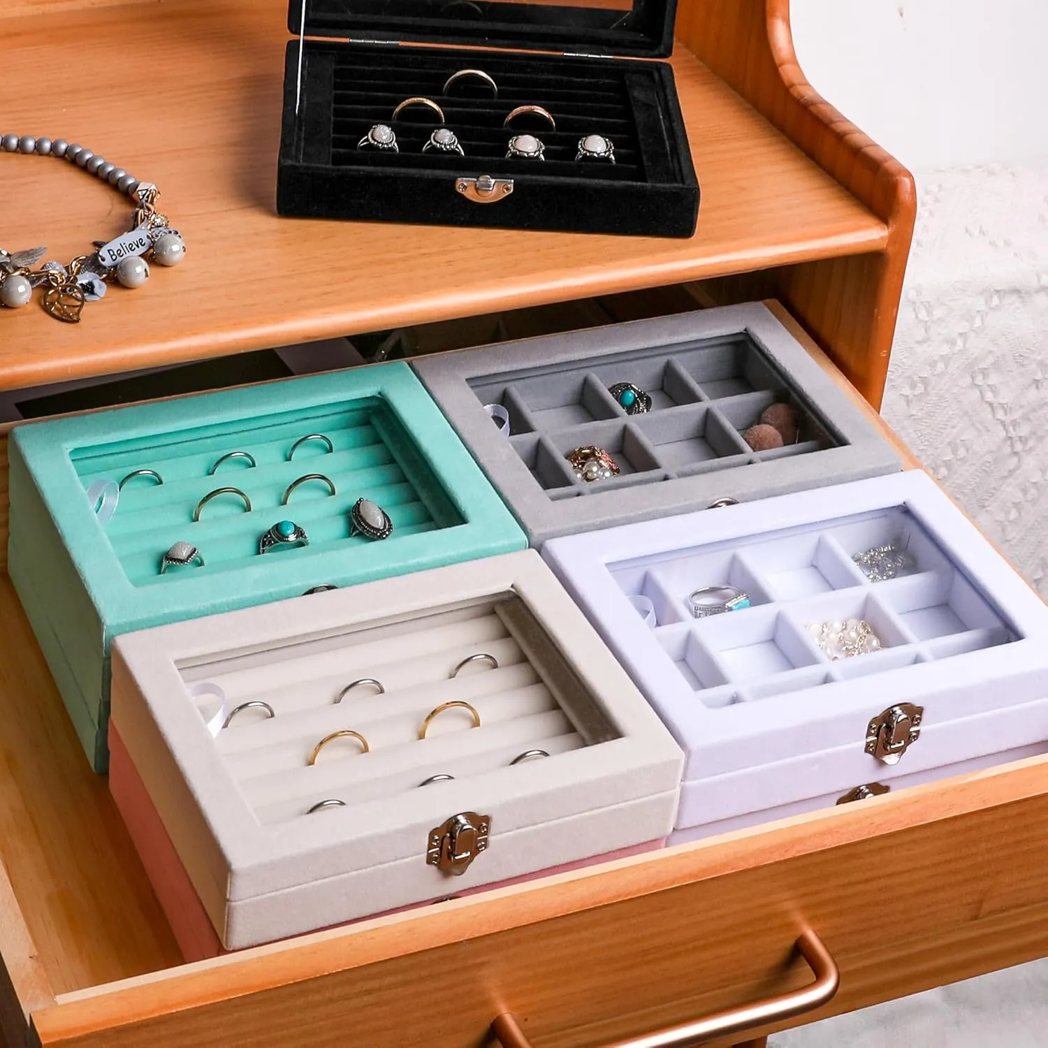 Frebeauty Jewelry Organizer Tray with Clear Lid 12 Grid Velvet Drawer Insert Jewelry Box with Transparent lid Jewelry Display Case Store Showcase Jewelry Box Gift for Women(White,12 Grid)