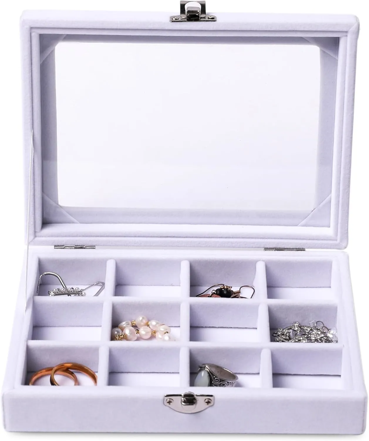 Frebeauty Jewelry Organizer Tray with Clear Lid 12 Grid Velvet Drawer Insert Jewelry Box with Transparent lid Jewelry Display Case Store Showcase Jewelry Box Gift for Women(White,12 Grid)