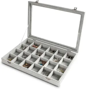 Frebeauty Jewelry Organizer Tray with Clear Lid 24 Grid Velvet Drawer Insert Jewelry Storage box with Glass lid Display Case Store Showcase Holder with Lock Gifts for Women(Grey, 24 Grid)