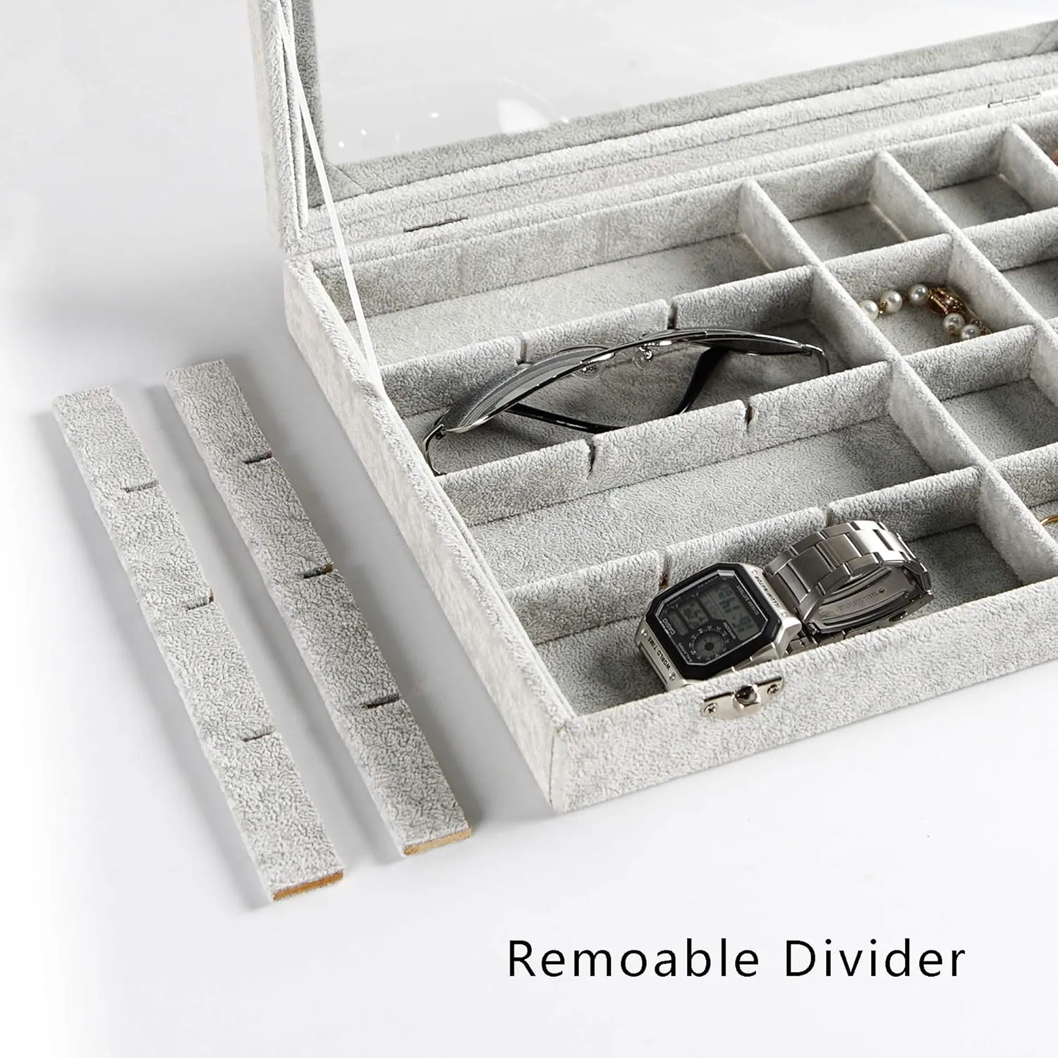 Frebeauty Jewelry Organizer Tray with Clear Lid 24 Grid Velvet Drawer Insert Jewelry Storage box with Glass lid Display Case Store Showcase Holder with Lock Gifts for Women(Grey, 24 Grid)