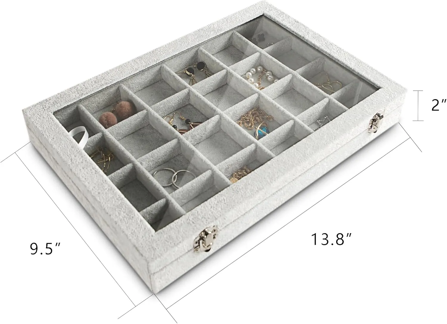 Frebeauty Jewelry Organizer Tray with Clear Lid 24 Grid Velvet Drawer Insert Jewelry Storage box with Glass lid Display Case Store Showcase Holder with Lock Gifts for Women(Grey, 24 Grid)