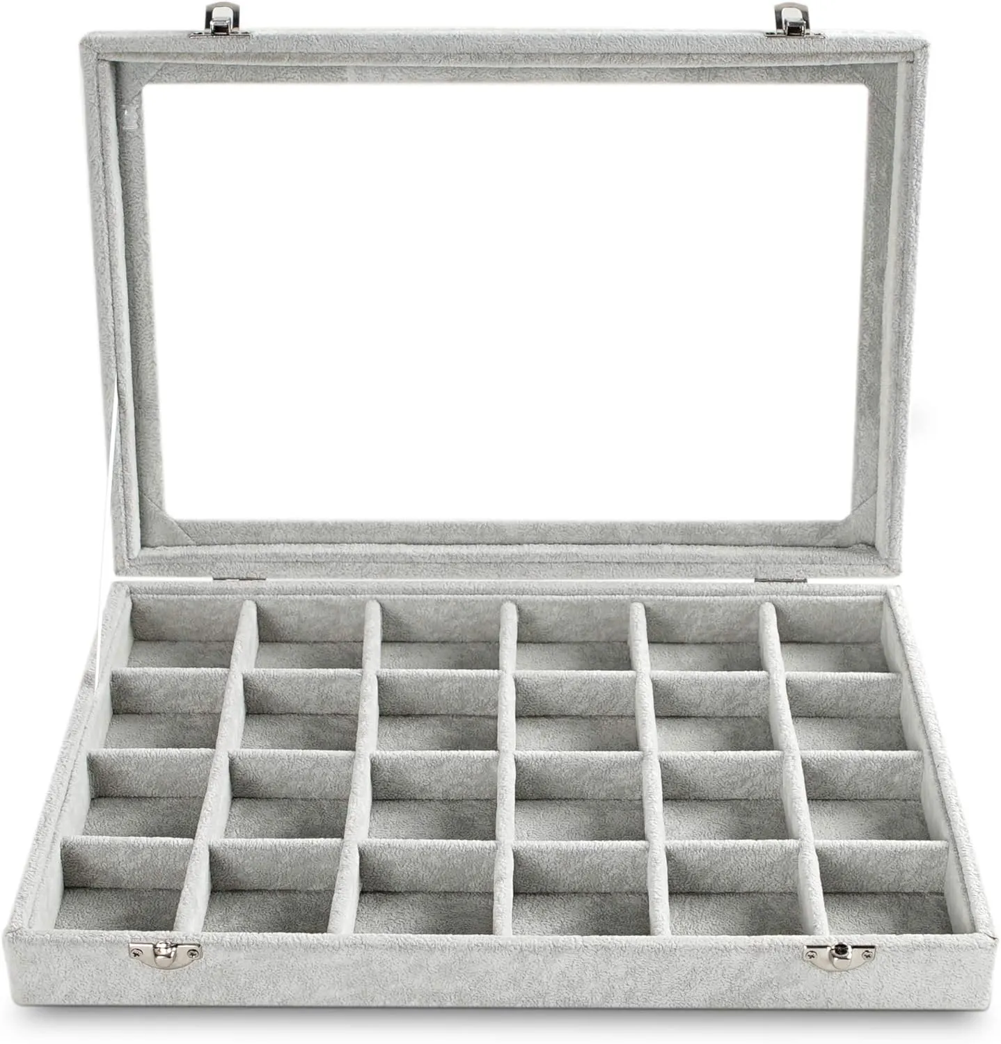 Frebeauty Jewelry Organizer Tray with Clear Lid 24 Grid Velvet Drawer Insert Jewelry Storage box with Glass lid Display Case Store Showcase Holder with Lock Gifts for Women(Grey, 24 Grid)
