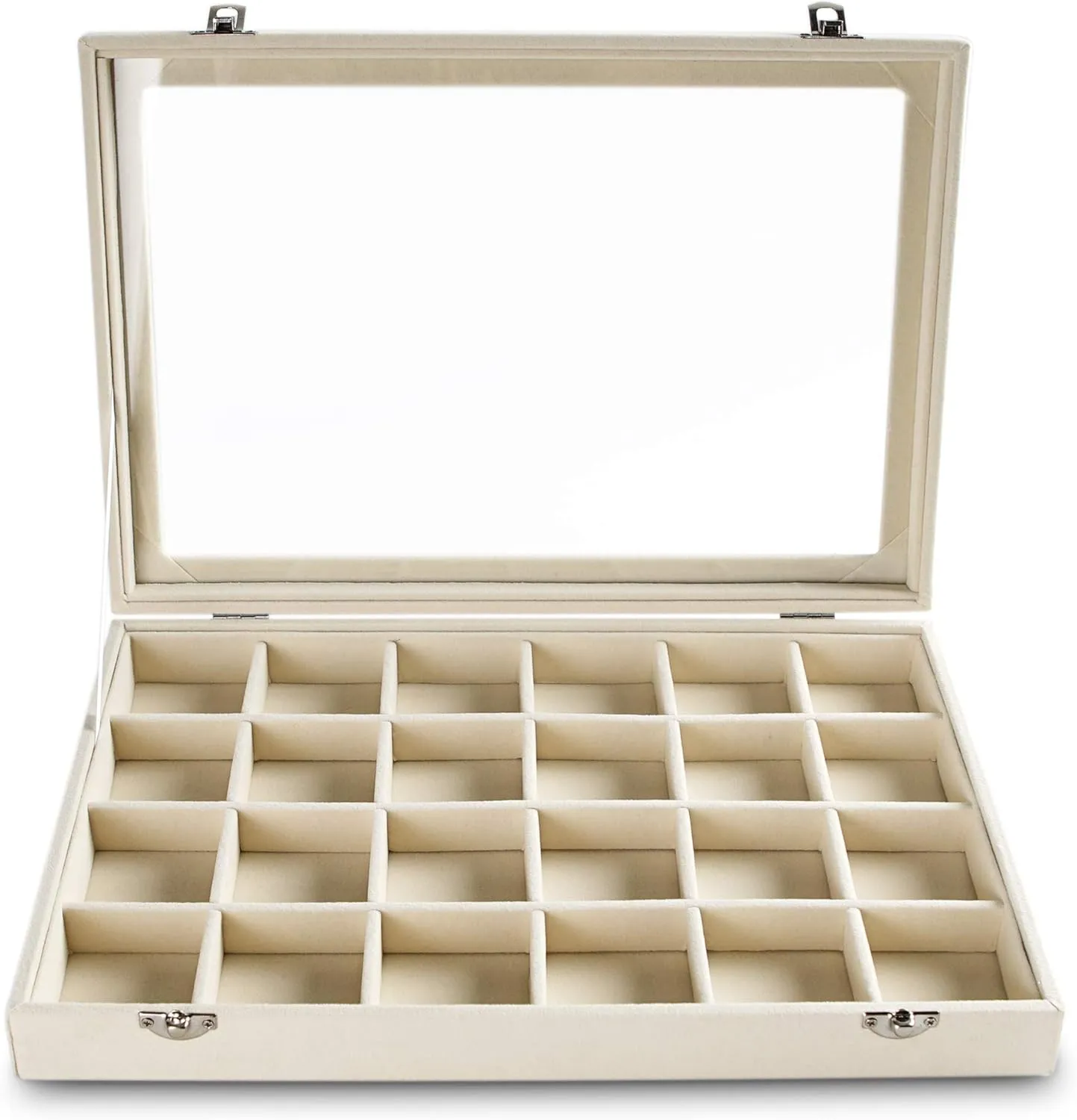 Frebeauty Jewelry Organizer Tray with Clear Lid 24 Grid Velvet Drawer Insert Jewelry Storage box with Transparent Glass lid Jewelry Display Case with Lock Gifts for Girls Women (Beige, 24 Grid)