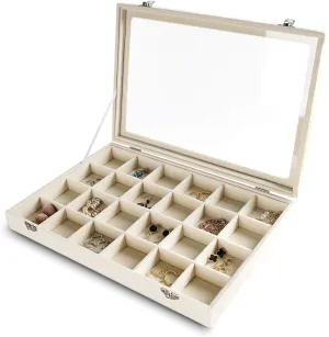 Frebeauty Jewelry Organizer Tray with Clear Lid 24 Grid Velvet Drawer Insert Jewelry Storage box with Transparent Glass lid Jewelry Display Case with Lock Gifts for Girls Women (Beige, 24 Grid)