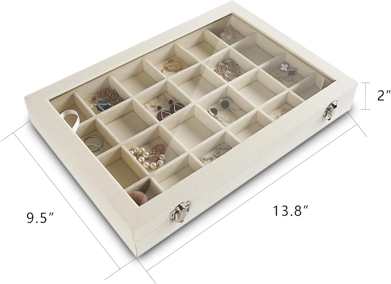 Frebeauty Jewelry Organizer Tray with Clear Lid 24 Grid Velvet Drawer Insert Jewelry Storage box with Transparent Glass lid Jewelry Display Case with Lock Gifts for Girls Women (Beige, 24 Grid)