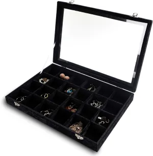 Frebeauty Jewelry Organizer Tray with Clear Lid 24 Grid Velvet Drawer Insert Jewelry Storage box with Transparent Glass lid Jewelry Display Case with Lock Gifts for Girls Women (Black, 24 Grid)
