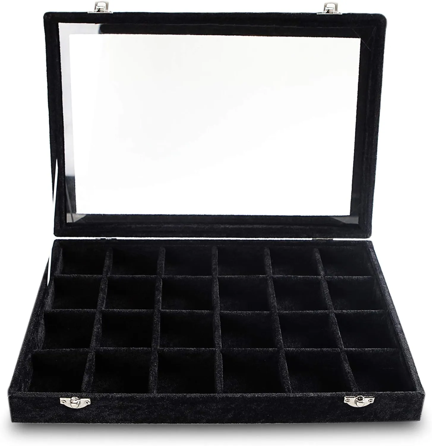 Frebeauty Jewelry Organizer Tray with Clear Lid 24 Grid Velvet Drawer Insert Jewelry Storage box with Transparent Glass lid Jewelry Display Case with Lock Gifts for Girls Women (Black, 24 Grid)