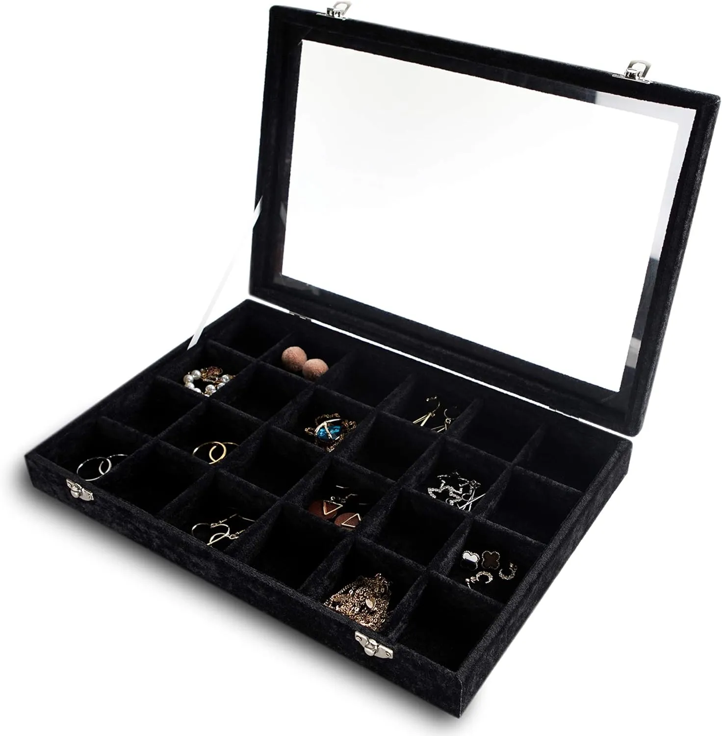 Frebeauty Jewelry Organizer Tray with Clear Lid 24 Grid Velvet Drawer Insert Jewelry Storage box with Transparent Glass lid Jewelry Display Case with Lock Gifts for Girls Women (Black, 24 Grid)