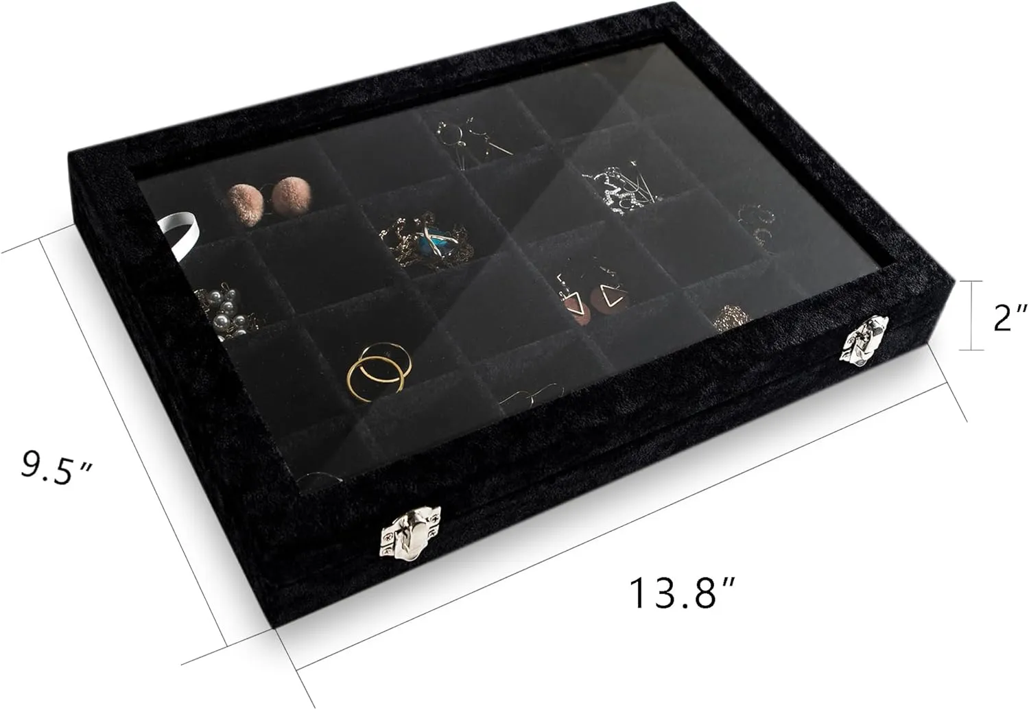 Frebeauty Jewelry Organizer Tray with Clear Lid 24 Grid Velvet Drawer Insert Jewelry Storage box with Transparent Glass lid Jewelry Display Case with Lock Gifts for Girls Women (Black, 24 Grid)