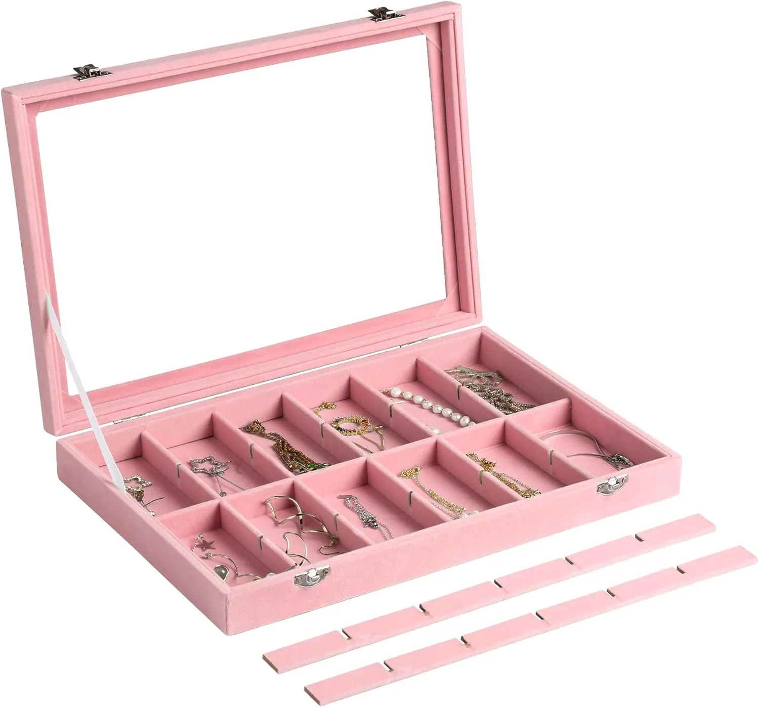 Frebeauty Jewelry Organizer Tray with Clear Lid 24 Grid Velvet Drawer Insert Jewelry Storage box with Transparent Glass lid Jewelry Display Case with Lock Gifts for Girls Women (Pink, 24 Grid)