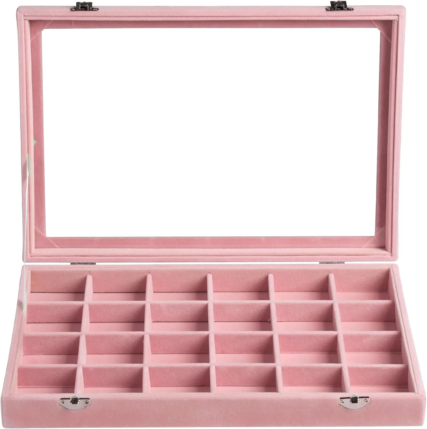 Frebeauty Jewelry Organizer Tray with Clear Lid 24 Grid Velvet Drawer Insert Jewelry Storage box with Transparent Glass lid Jewelry Display Case with Lock Gifts for Girls Women (Pink, 24 Grid)