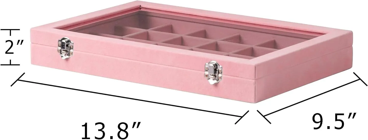 Frebeauty Jewelry Organizer Tray with Clear Lid 24 Grid Velvet Drawer Insert Jewelry Storage box with Transparent Glass lid Jewelry Display Case with Lock Gifts for Girls Women (Pink, 24 Grid)
