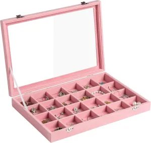 Frebeauty Jewelry Organizer Tray with Clear Lid 24 Grid Velvet Drawer Insert Jewelry Storage box with Transparent Glass lid Jewelry Display Case with Lock Gifts for Girls Women (Pink, 24 Grid)