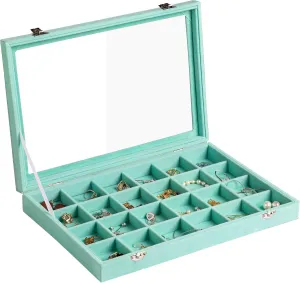 Frebeauty Jewelry Organizer Tray with Clear Lid 24 Grid Velvet Drawer Insert Jewelry Storage box with Transparent Glass lid Jewelry Display Case with Lock Gifts for Girls Women (Turquoise, 24 Grid)