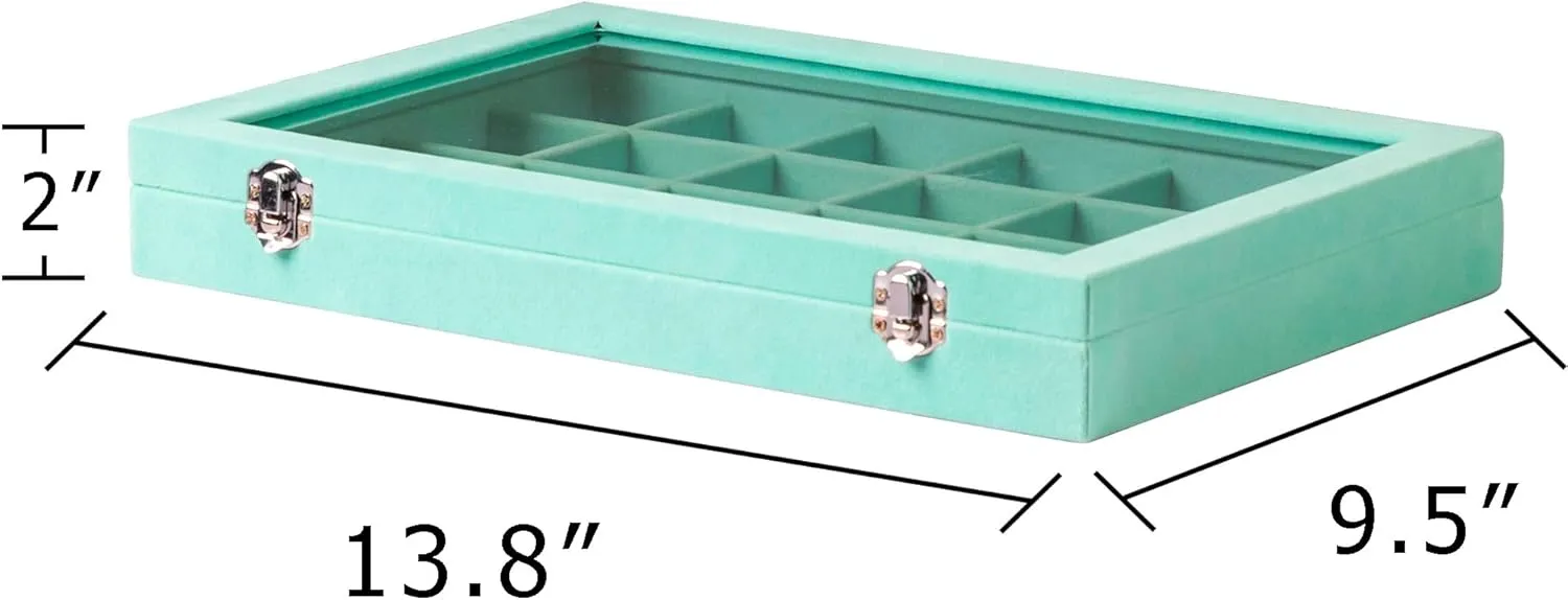 Frebeauty Jewelry Organizer Tray with Clear Lid 24 Grid Velvet Drawer Insert Jewelry Storage box with Transparent Glass lid Jewelry Display Case with Lock Gifts for Girls Women (Turquoise, 24 Grid)