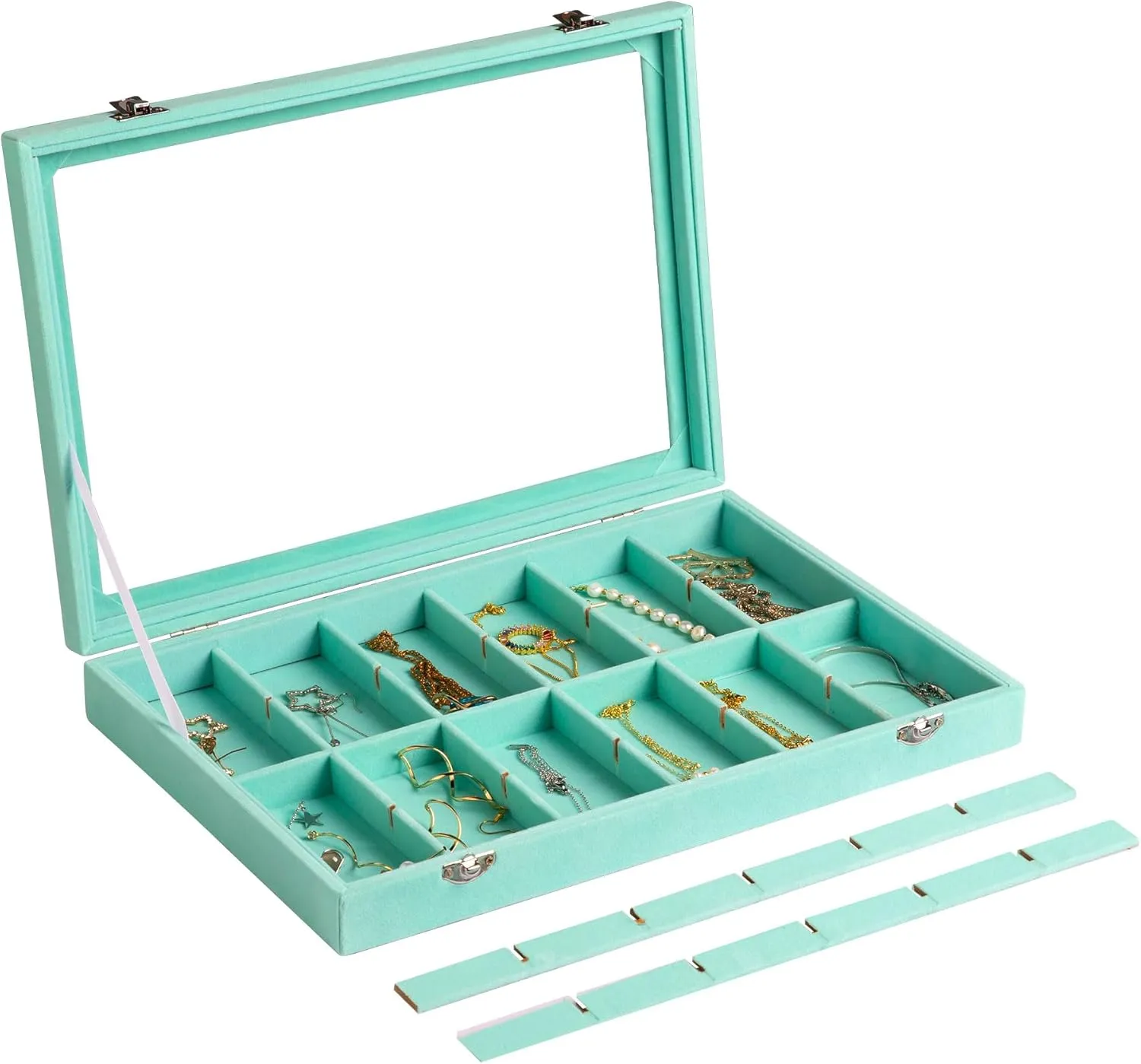 Frebeauty Jewelry Organizer Tray with Clear Lid 24 Grid Velvet Drawer Insert Jewelry Storage box with Transparent Glass lid Jewelry Display Case with Lock Gifts for Girls Women (Turquoise, 24 Grid)