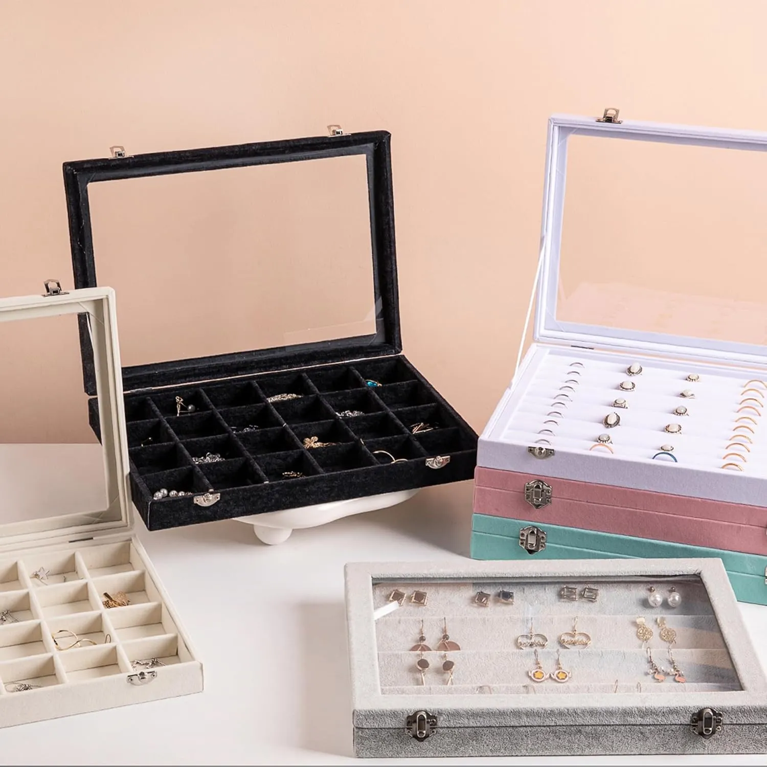Frebeauty Jewelry Organizer Tray with Clear Lid 24 Grid Velvet Drawer Insert Jewelry Storage box with Transparent Glass lid Jewelry Display Case with Lock Gifts for Girls Women (Turquoise, 24 Grid)