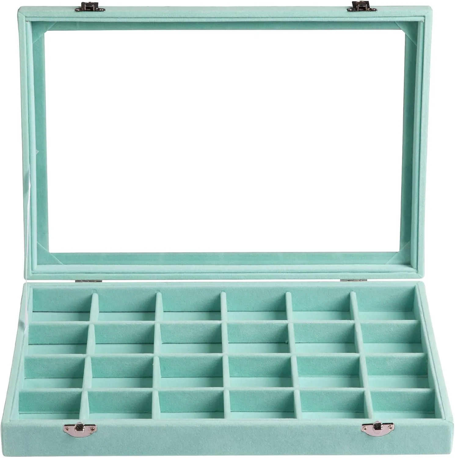Frebeauty Jewelry Organizer Tray with Clear Lid 24 Grid Velvet Drawer Insert Jewelry Storage box with Transparent Glass lid Jewelry Display Case with Lock Gifts for Girls Women (Turquoise, 24 Grid)