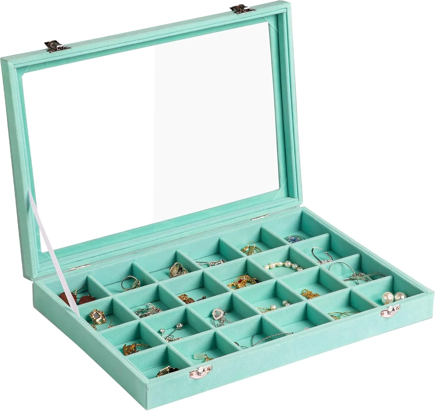 Frebeauty Jewelry Organizer Tray with Clear Lid 24 Grid Velvet Drawer Insert Jewelry Storage box with Transparent Glass lid Jewelry Display Case with Lock Gifts for Girls Women (Turquoise, 24 Grid)