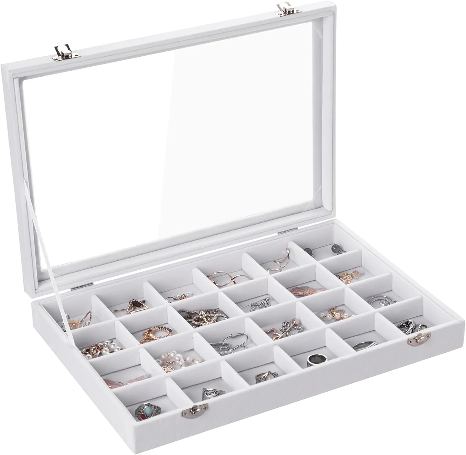 Frebeauty Jewelry Organizer Tray with Clear Lid 24 Grid Velvet Drawer Insert Jewelry Storage box with Transparent Glass lid Jewelry Display Case with Lock Gifts for Girls Women (White, 24 Grid)