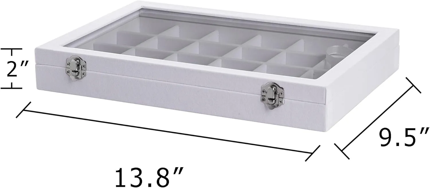 Frebeauty Jewelry Organizer Tray with Clear Lid 24 Grid Velvet Drawer Insert Jewelry Storage box with Transparent Glass lid Jewelry Display Case with Lock Gifts for Girls Women (White, 24 Grid)