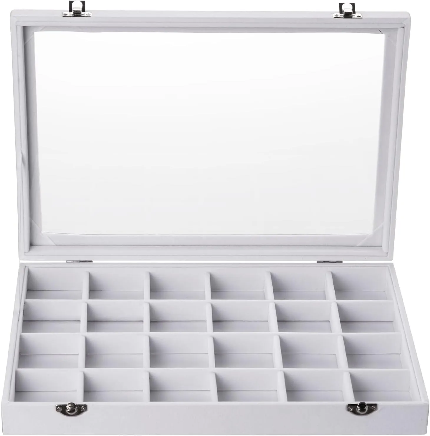 Frebeauty Jewelry Organizer Tray with Clear Lid 24 Grid Velvet Drawer Insert Jewelry Storage box with Transparent Glass lid Jewelry Display Case with Lock Gifts for Girls Women (White, 24 Grid)